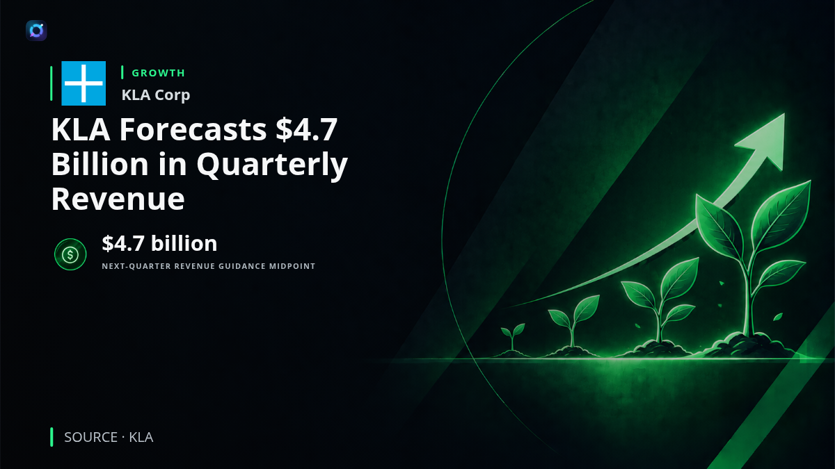 Investor news graphic featuring semiconductor manufacturing equipment and KLA's next-quarter revenue guidance midpoint of $4.7 billion.
