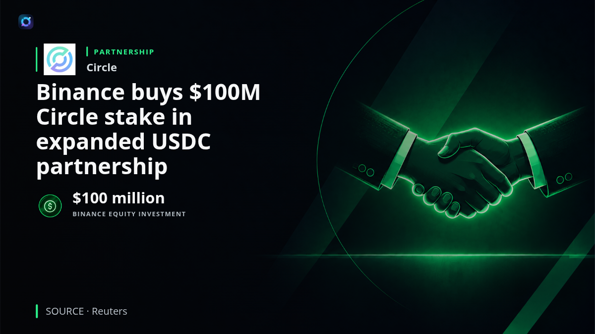 Circle, Binance and USDC branding arranged around a $100 million investment graphic.