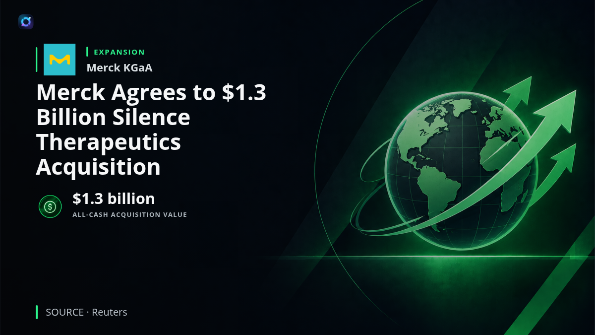 Investor alert describing Merck KGaA's agreement to acquire Silence Therapeutics in an all-cash deal valued at approximately $1.3 billion. The transaction adds RNA-targeting medicines and a small interfering RNA technology platform to Merck's pharmaceutical pipeline, expanding its precision-medicine capabilities. Completion is expected in the first quarter of 2027.