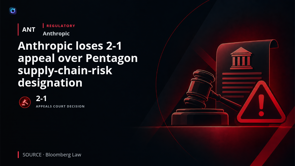 A legal-themed image showing the Anthropic and Claude branding alongside a federal courthouse and Pentagon imagery, illustrating the 2-1 appeals court decision that rejected Anthropic's challenge to its Pentagon supply-chain-risk designation.