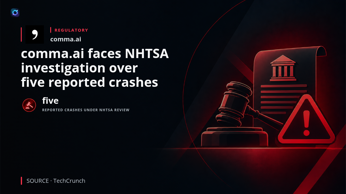 Investor-alert graphic describing a federal NHTSA investigation into comma.ai's aftermarket driver-assistance technology following five reported crashes, creating new regulatory and product-safety exposure for the company.