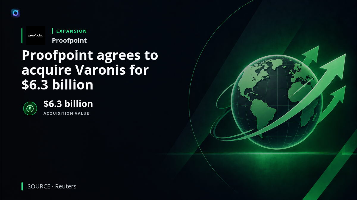 A factual investor alert visual showing Proofpoint and Varonis branding with the $6.3 billion acquisition value, representing Proofpoint's planned expansion into data and AI security.