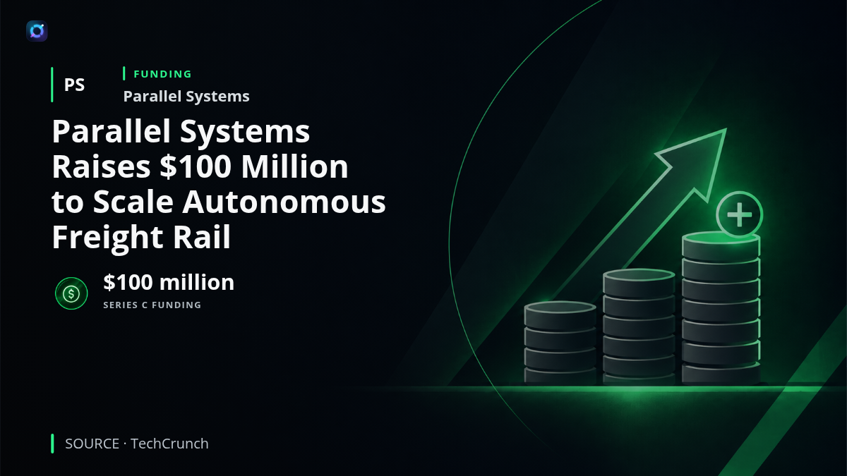 An autonomous Parallel Systems freight rail vehicle traveling on railroad tracks, illustrating the company's $100 million Series C funding to scale manufacturing and accelerate commercial deployment.