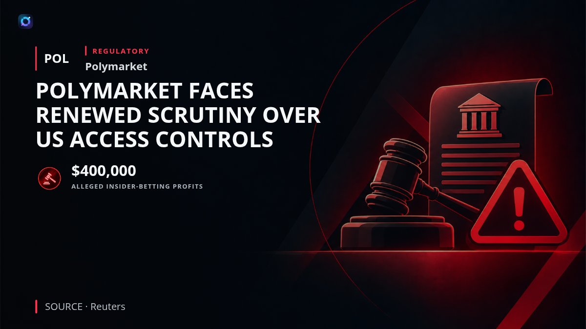 Regulatory investor alert graphic featuring the Polymarket brand and a symbolic legal document representing the CFTC examination of offshore platform access controls and United States customer protections.