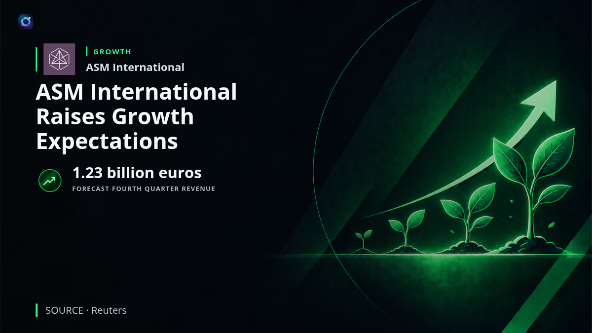 ASM International branding alongside advanced semiconductor manufacturing equipment and a financial forecast graphic illustrating higher expected revenue driven by artificial intelligence infrastructure investment.