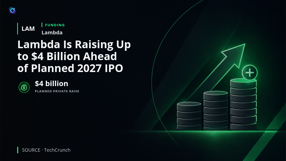 A large AI data-center facility with GPU server racks representing Lambda's plan to raise up to $4 billion in private capital ahead of a planned 2027 IPO and support its capital-intensive cloud infrastructure business.