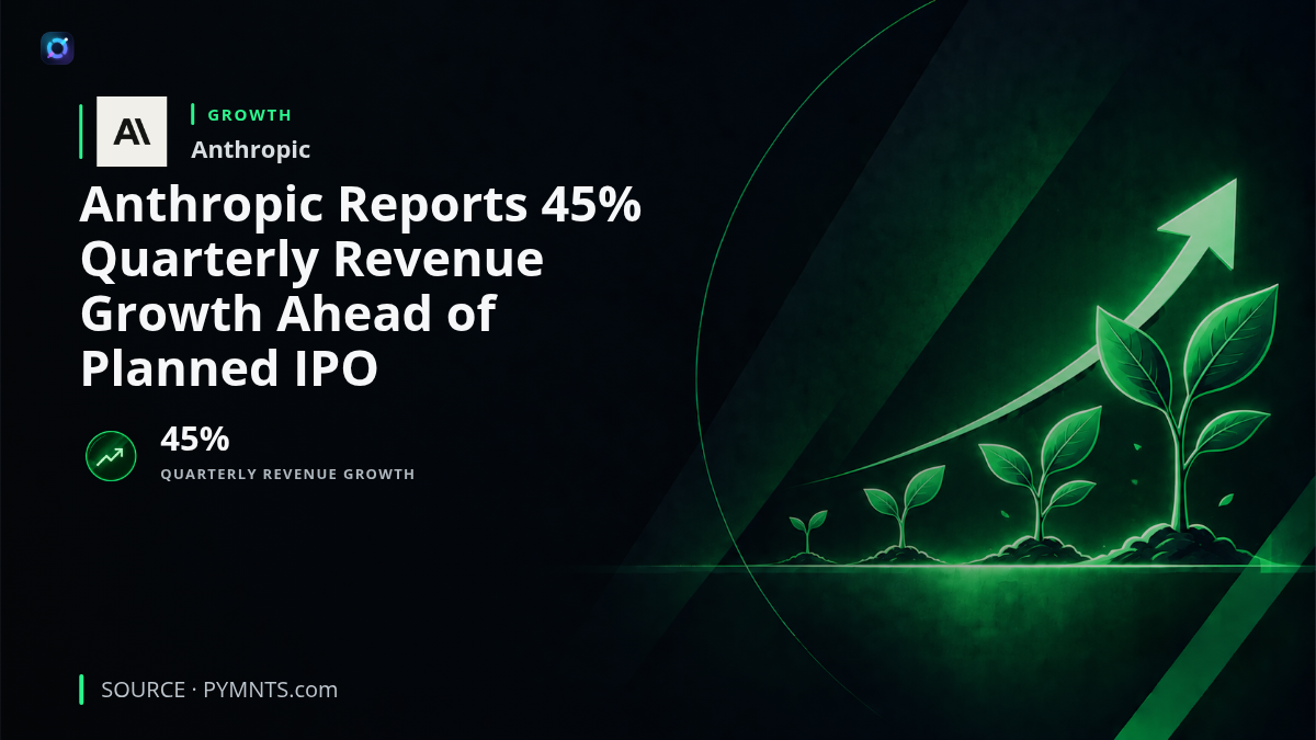 Business news graphic featuring Anthropic, a 45% quarterly revenue growth figure, and a reference to the company's reported IPO preparations.