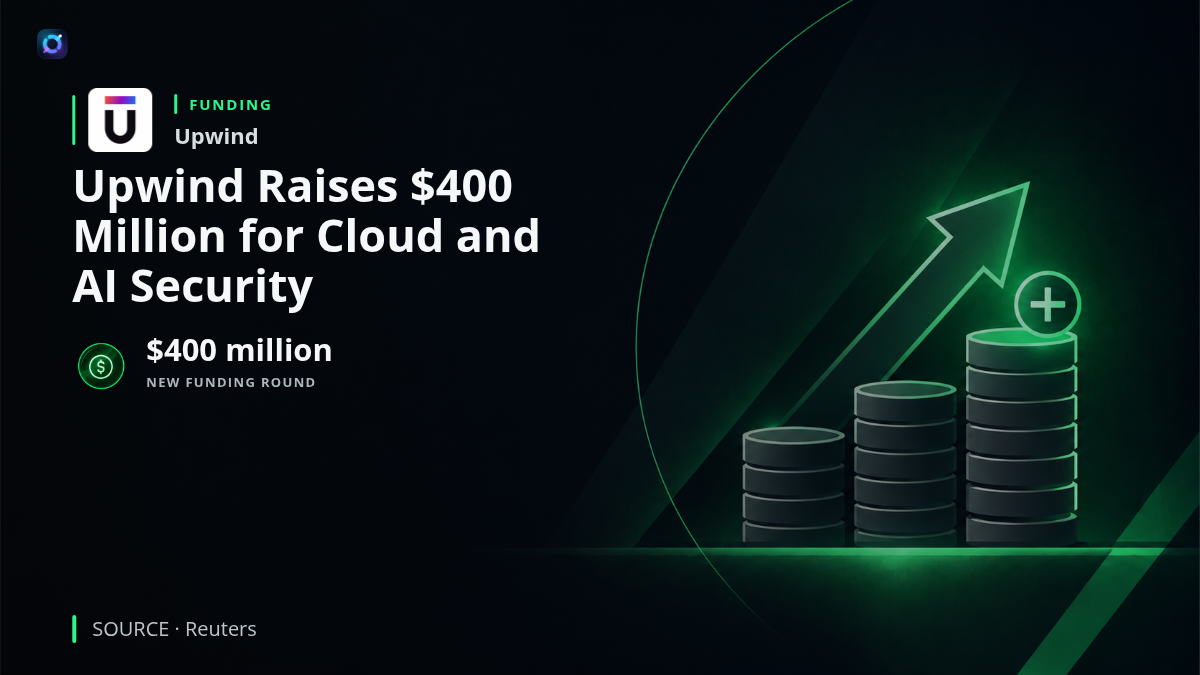 Upwind company branding alongside a cloud infrastructure and cybersecurity illustration, highlighting its $400 million funding round.