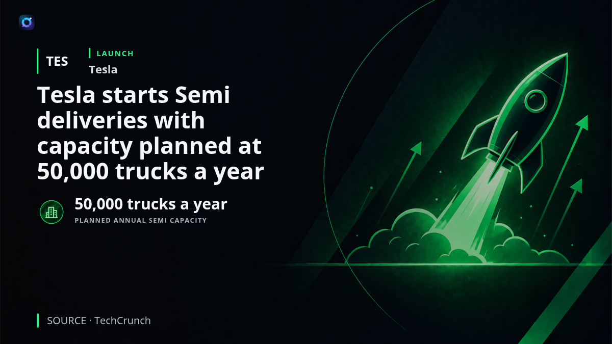 A Tesla Semi electric truck outside the company's dedicated Reno production facility, illustrating the start of customer deliveries and Tesla's plan to produce as many as 50,000 trucks a year.