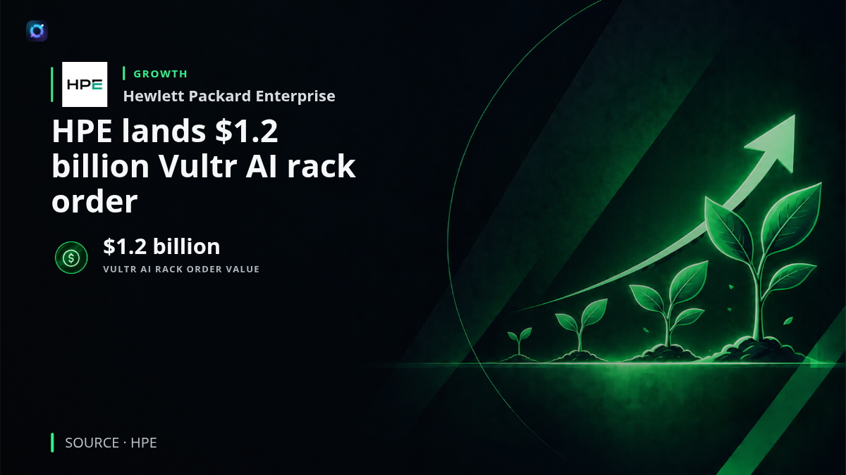 Hewlett Packard Enterprise AI networking and rack infrastructure in a data-center setting, highlighting a $1.2 billion Vultr order for AMD Helios AI Rack systems.