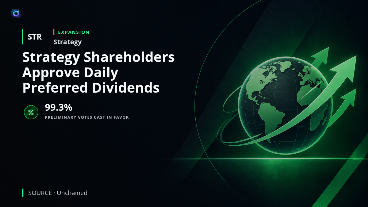 Investor news graphic showing Strategy's shareholder approval for daily dividend record dates across its four listed preferred stock series, with preliminary voting support of 99.3%.