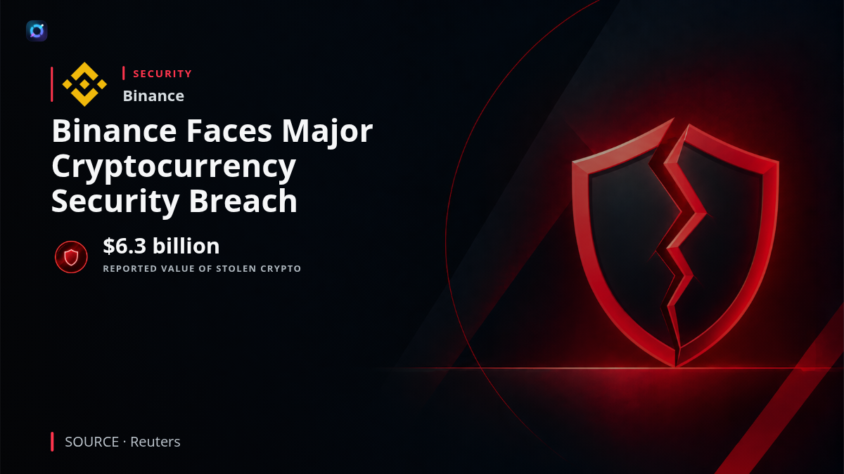 Illustration of the Binance cryptocurrency exchange logo surrounded by blockchain network connections and a security shield, representing the reported major security breach.