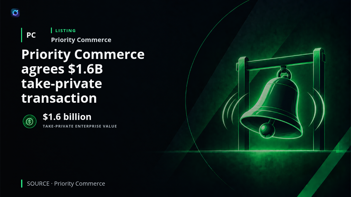 Priority Commerce branding with payments imagery and a transaction document representing the company's agreed take-private deal.
