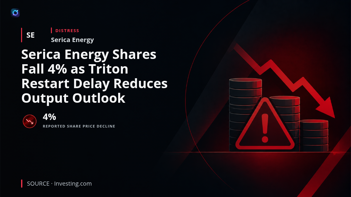 Financial news graphic showing Serica Energy shares declining 4% following an operational delay at its Triton production hub and a reduction in expected production.