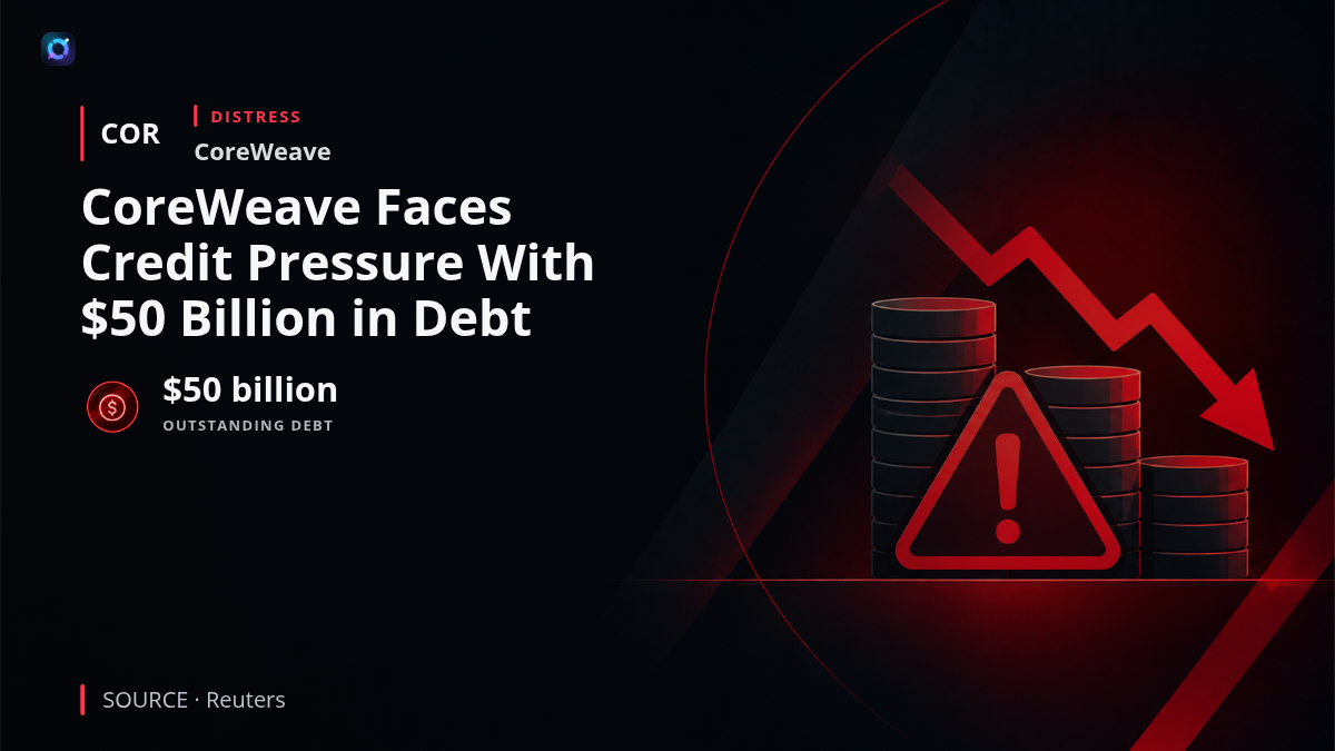 Investor alert about CoreWeave's AI infrastructure financing risks. The company has about $50 billion in debt, and rising debt-insurance costs and bond yields indicate increased concern about its creditworthiness and the financing model supporting its expansion.