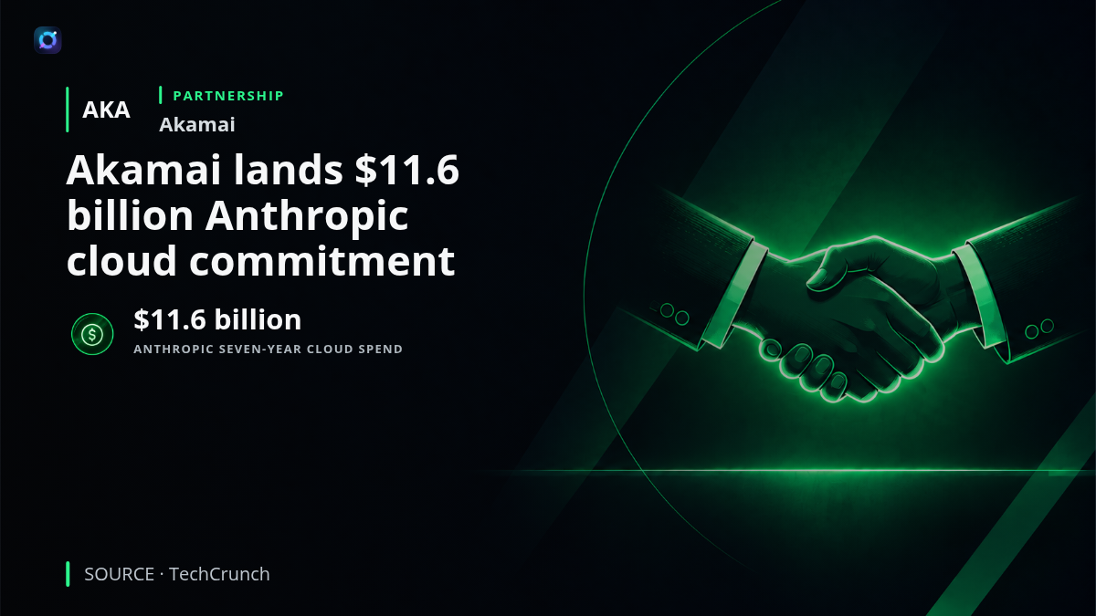 A factual investor-alert graphic showing Akamai cloud infrastructure alongside Anthropic branding, highlighting the $11.6 billion seven-year cloud agreement and its significance as the largest contract in Akamai's history.