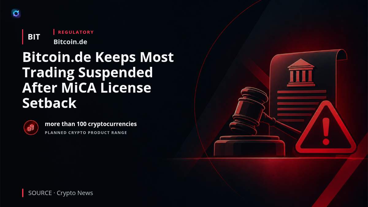 Graphic showing Bitcoin.de with a paused trading symbol and a European regulatory motif, noting that most trading remains suspended after a MiCA licensing setback while the platform plans a new setup with more than 100 cryptocurrencies.
