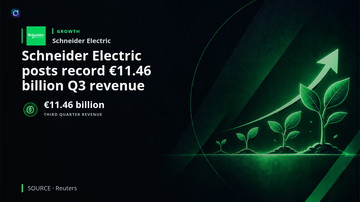 An investor alert visual showing Schneider Electric alongside data center power and cooling infrastructure, highlighting record third quarter revenue of €11.46 billion and stronger 2026 targets.