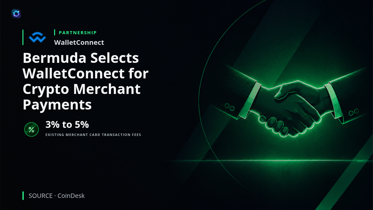 WalletConnect and Stellar blockchain branding alongside a Bermuda map illustration, representing planned wallet-to-wallet payments for local merchants.