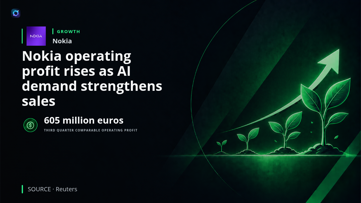 Investor news graphic showing Nokia's third quarter comparable operating profit rising to 605 million euros as AI related demand supports its business.