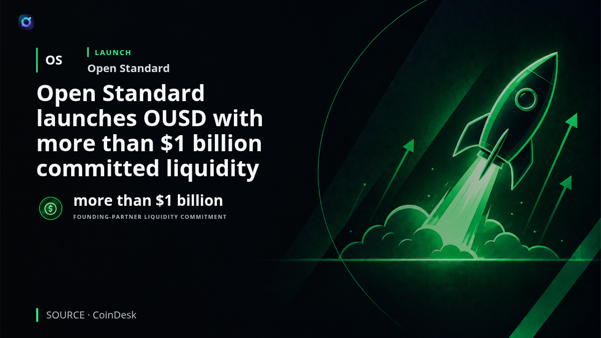 Illustration of Open Standard's OUSD stablecoin launching across Ethereum, Solana, Base and Tempo, with major founding partners providing more than $1 billion in committed liquidity. The image emphasizes the scale of initial liquidity support and the project's cross-network distribution.