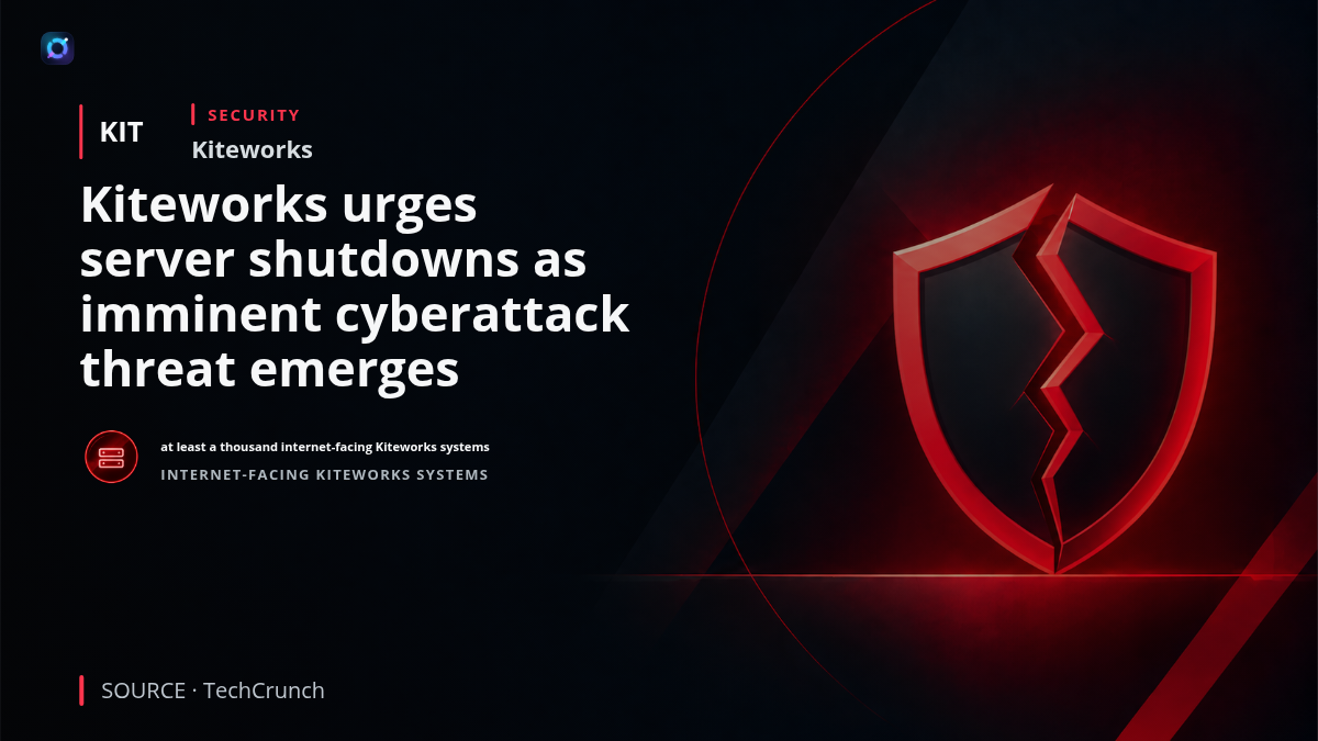 A cybersecurity alert graphic depicting enterprise Kiteworks servers being taken offline as a precaution after the company received credible law-enforcement intelligence about a potential imminent cyberattack.