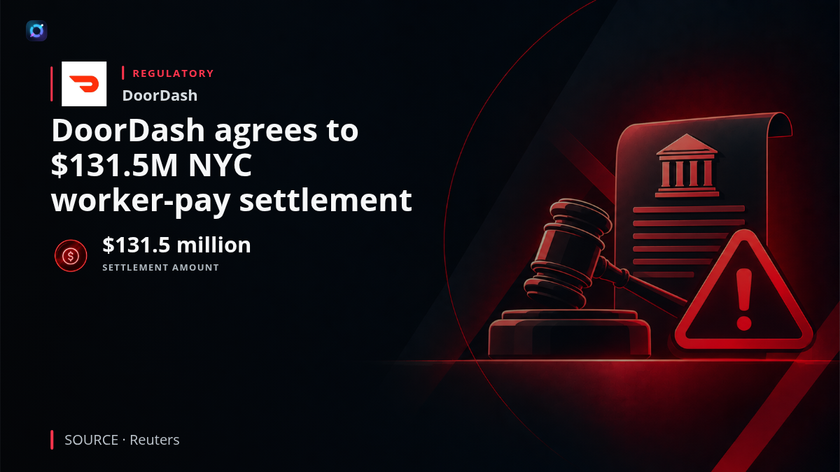 DoorDash branding beside a New York City delivery scene and a graphic highlighting the $131.5 million settlement.