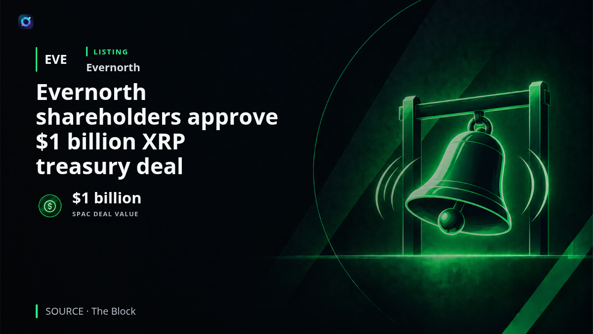 Financial-market illustration representing Evernorth after shareholders approved its $1 billion XRP treasury SPAC transaction. The approval clears a key condition toward the company's planned Nasdaq listing and creates a public-market vehicle focused on XRP exposure.