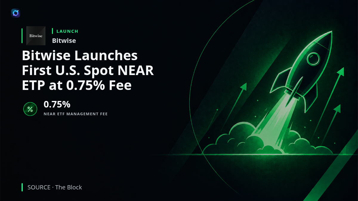 Investment-market graphic combining Bitwise and NEAR imagery with a 0.75% management fee, representing the launch of the first U.S. spot NEAR exchange-traded product.