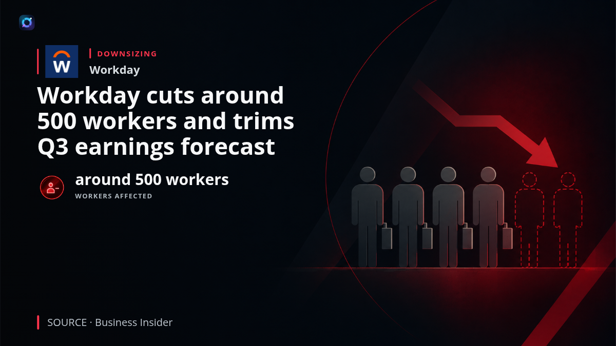 Illustration of the Workday logo beside office and workforce imagery, noting that the company is cutting around 500 workers and lowering its fiscal third-quarter earnings forecast because of restructuring costs.