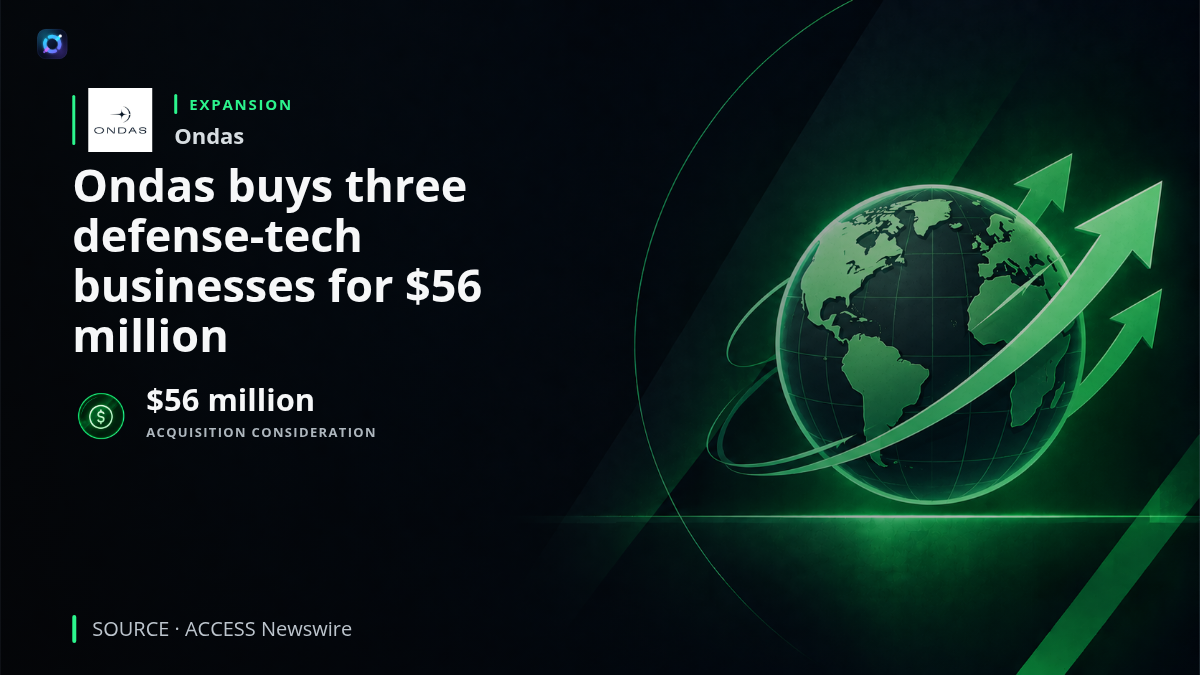 Investor-alert graphic for Ondas describing its $56 million acquisition of Insignito, Ottopia Defense and Caribou Labs, adding acoustic drone detection, resilient communications, remote operations and navigation for environments where GPS is unavailable.