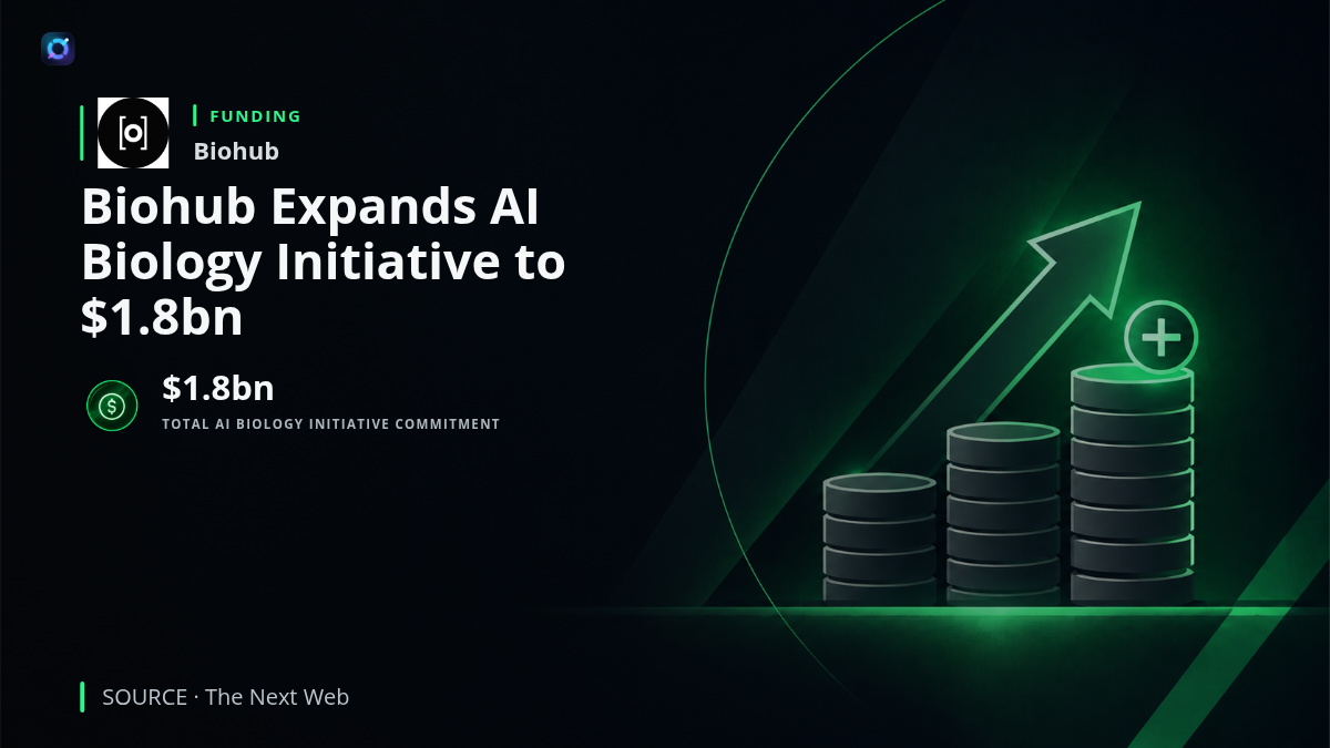 Investor-alert graphic displaying Biohub branding alongside illustrations of biological cells and artificial intelligence data networks. The central headline highlights $1.8bn in combined commitments supporting an initiative to develop AI-ready biological datasets. Meta, Google DeepMind and Isomorphic Labs are identified as commercial participants in the research infrastructure effort.
