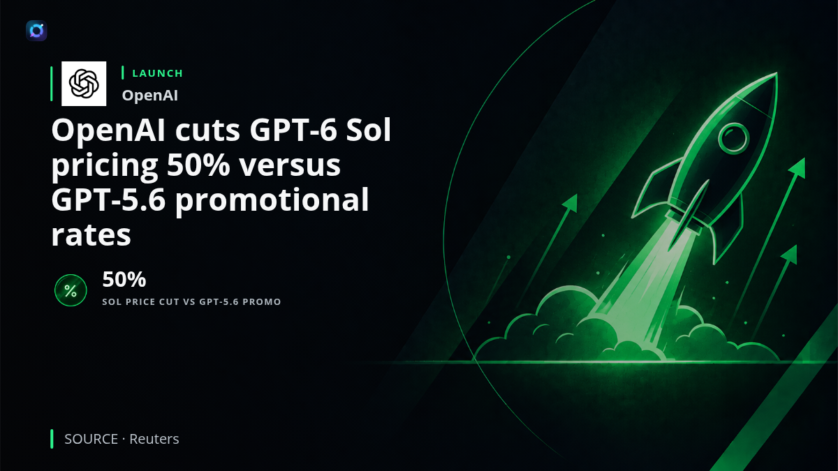 OpenAI branding beside a simple pricing graphic showing a 50% reduction for GPT-6 Sol versus GPT-5.6 Sol promotional prices.
