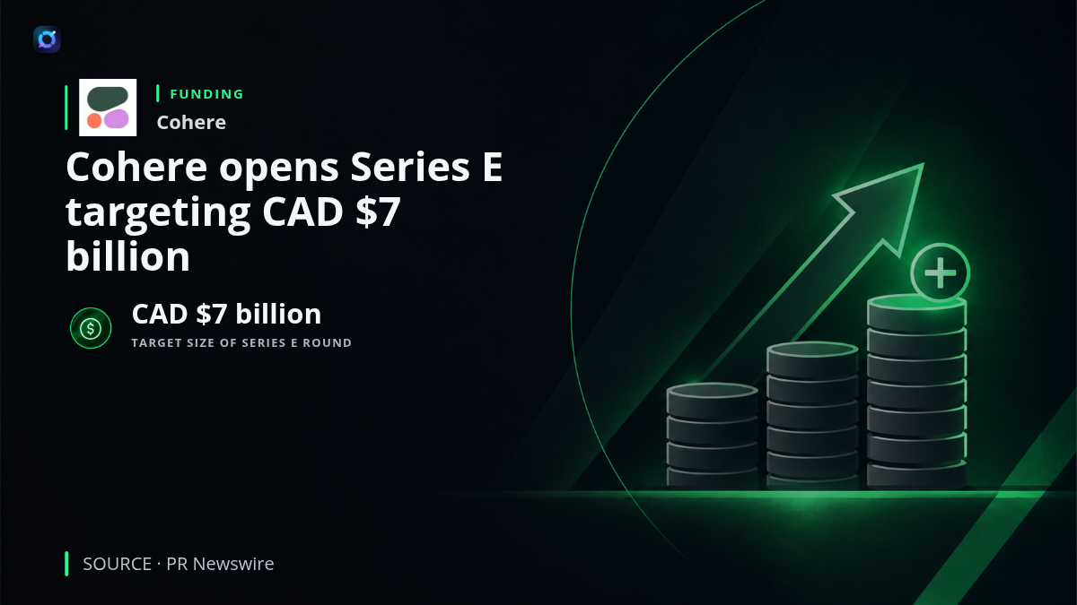 Cohere branding alongside an illustration of enterprise artificial intelligence infrastructure, representing its Series E financing and expansion of sovereign AI capabilities.