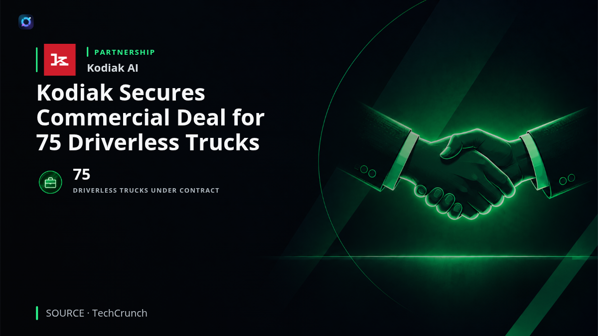 Investor news graphic illustrating Kodiak AI's agreement to supply 75 autonomous trucks to DTL Transport for public-highway freight operations, with deliveries beginning in 2028.