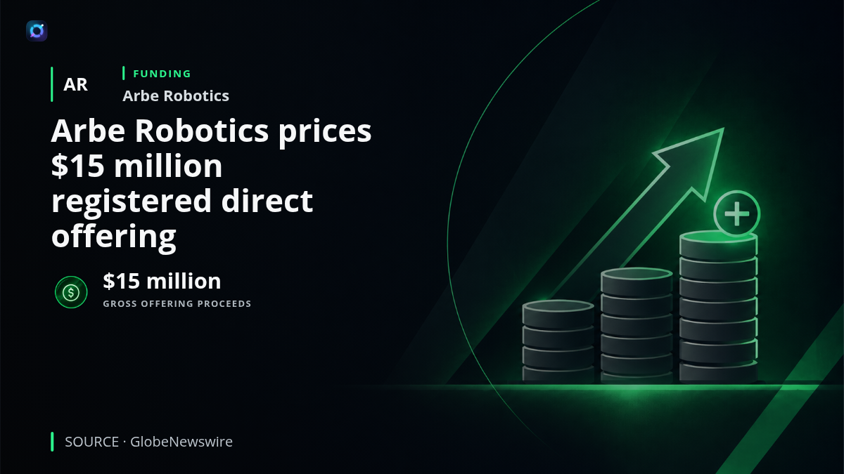Investor-alert visual for Arbe Robotics showing the company's $15 million registered direct offering and noting that proceeds are intended for working capital, commercial scaling in L3 automotive radar, defense and counter-drone markets, and potential M&A.
