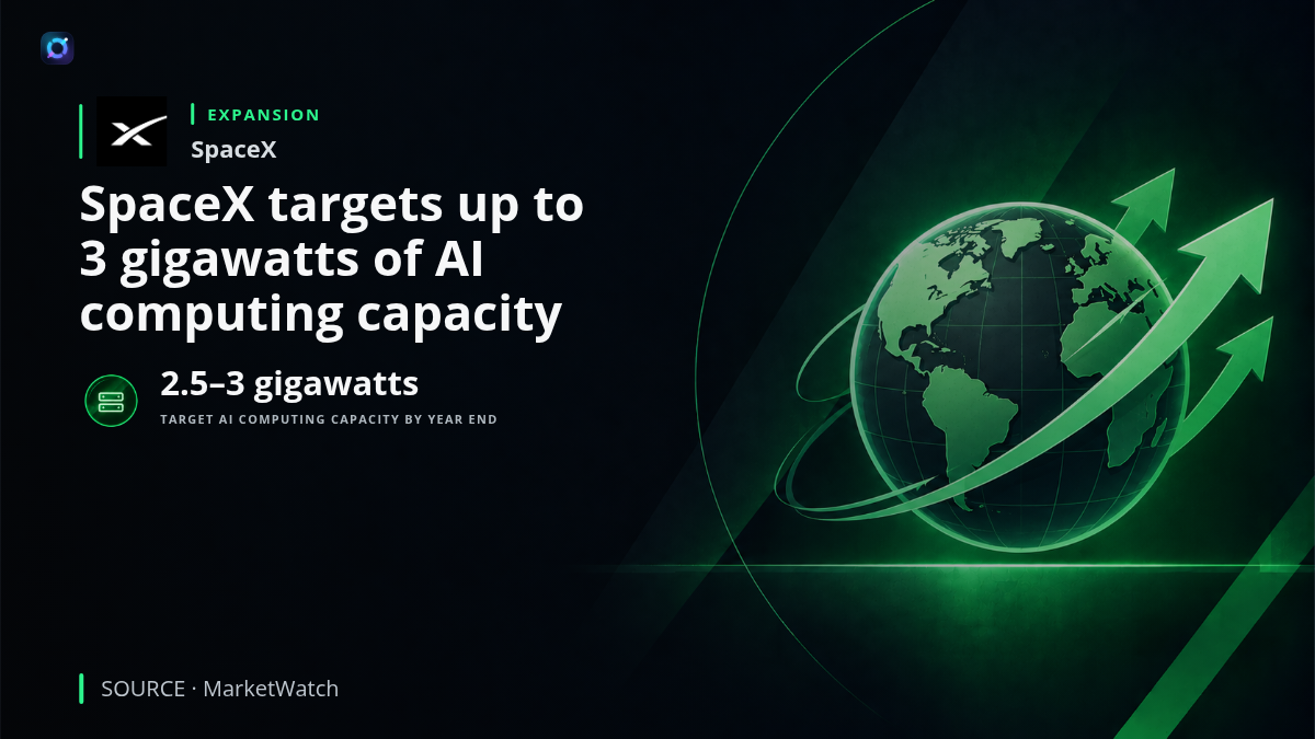 SpaceX branding and a data center illustration representing the company's planned expansion of AI computing infrastructure to as much as 3 gigawatts by the end of 2026.