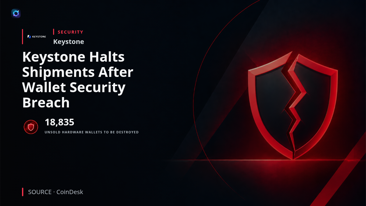 Keystone hardware cryptocurrency wallet illustration beside a security warning and authentication key symbol, representing the company's decision to destroy unsold devices after a website breach.