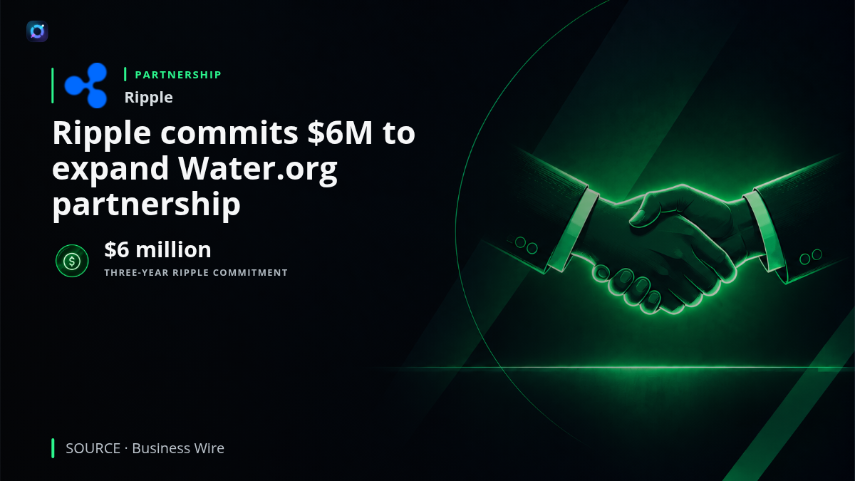 Ripple and Water.org logos connected by a digital payments network illustration, representing blockchain-enabled international payments, RLUSD settlement and water financing.