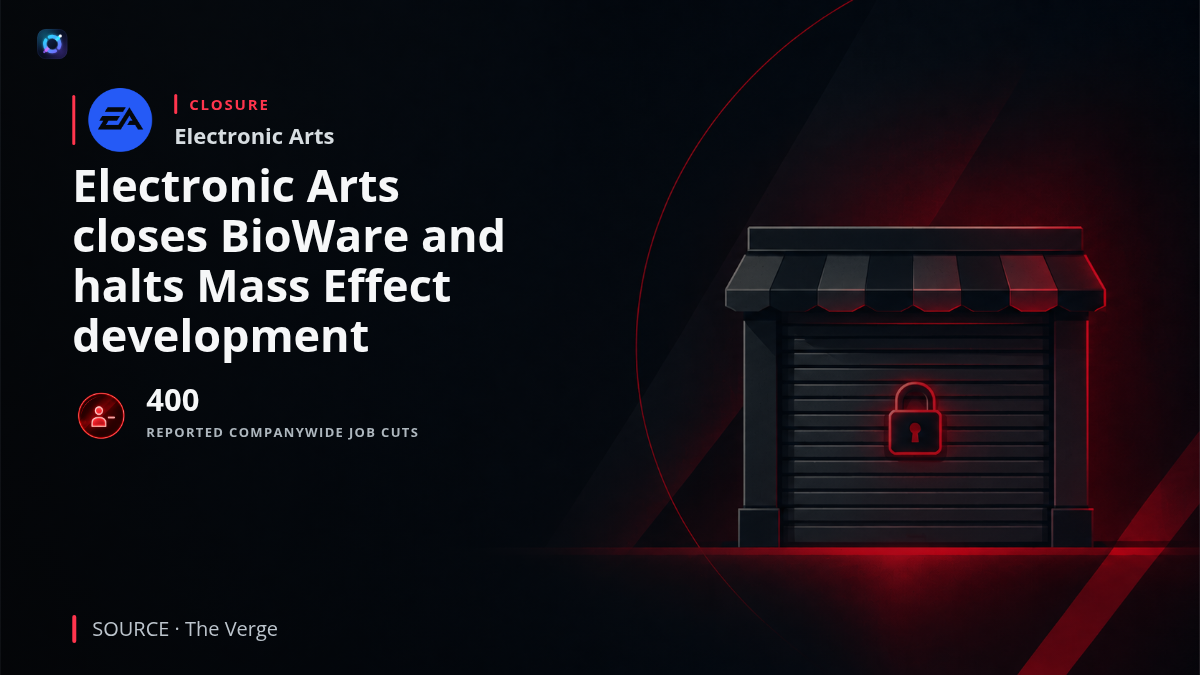Electronic Arts and BioWare branding illustrating the studio closure, the end of early development on the next Mass Effect game, and reported workforce reductions.