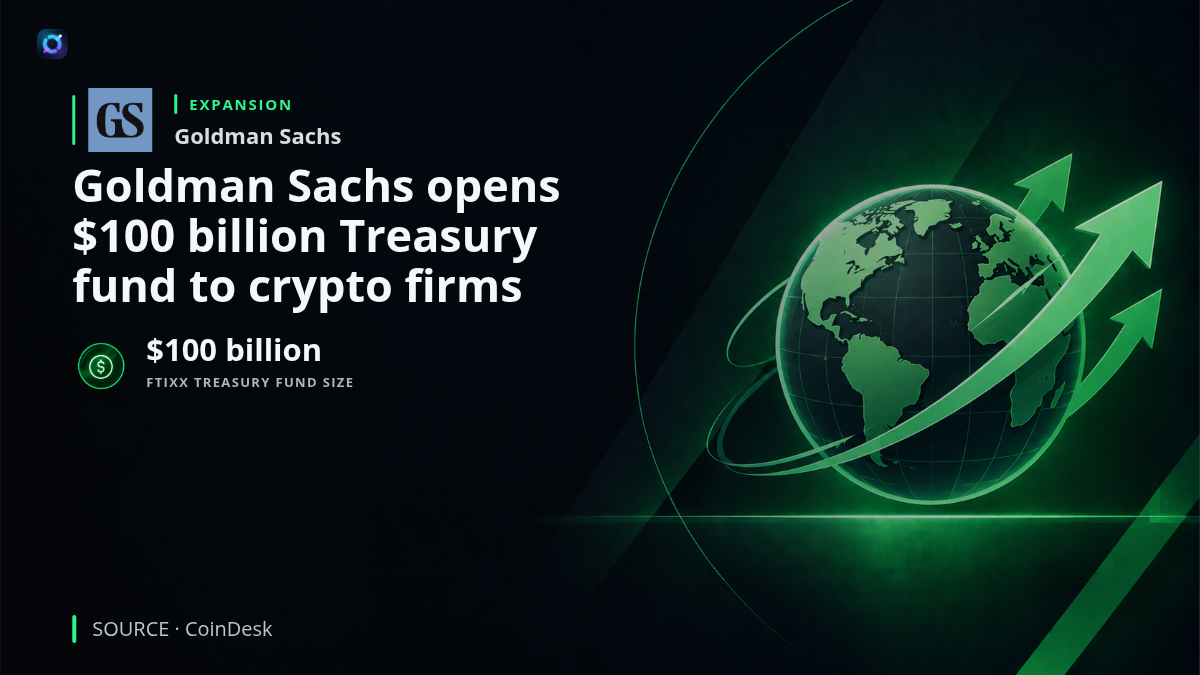 A traditional Treasury fund interface connected to digital-asset infrastructure, illustrating Goldman Sachs bringing its roughly $100 billion FTIXX fund to institutional crypto firms through Lynq.