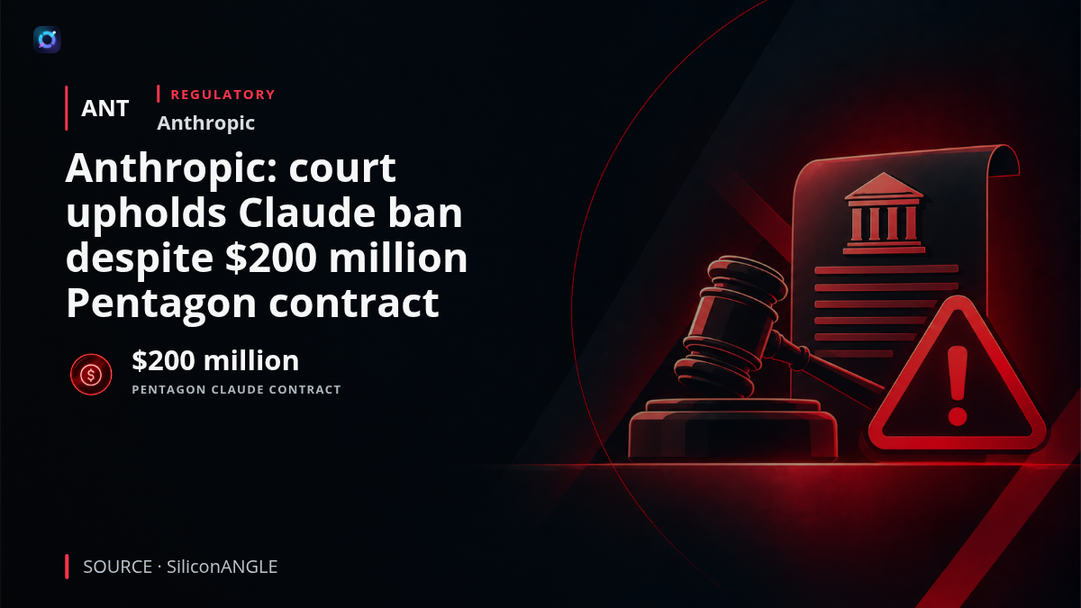 Planned investor-alert graphic showing Anthropic's Claude branding alongside U.S. defense imagery, explaining that a federal appeals court upheld the Pentagon's Claude ban despite Anthropic's $200 million Pentagon contract.