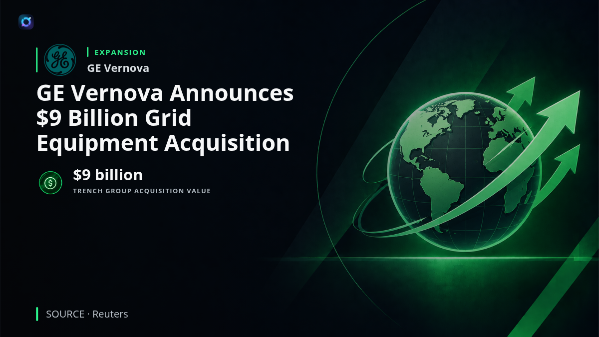 GE Vernova and Trench Group logos alongside high-voltage electricity transmission equipment, illustrating the announced $9 billion acquisition.