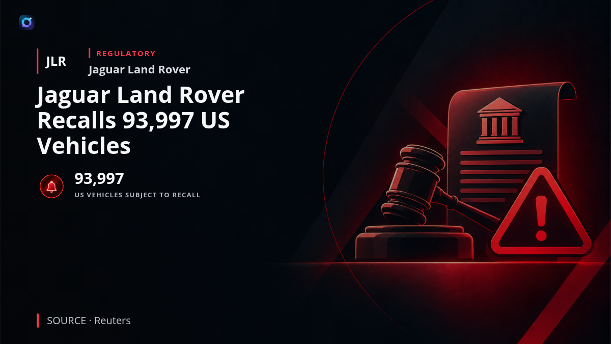 Jaguar Land Rover branding beside an SUV and a warning graphic describing a United States recall affecting 93,997 vehicles over rearview camera failures.