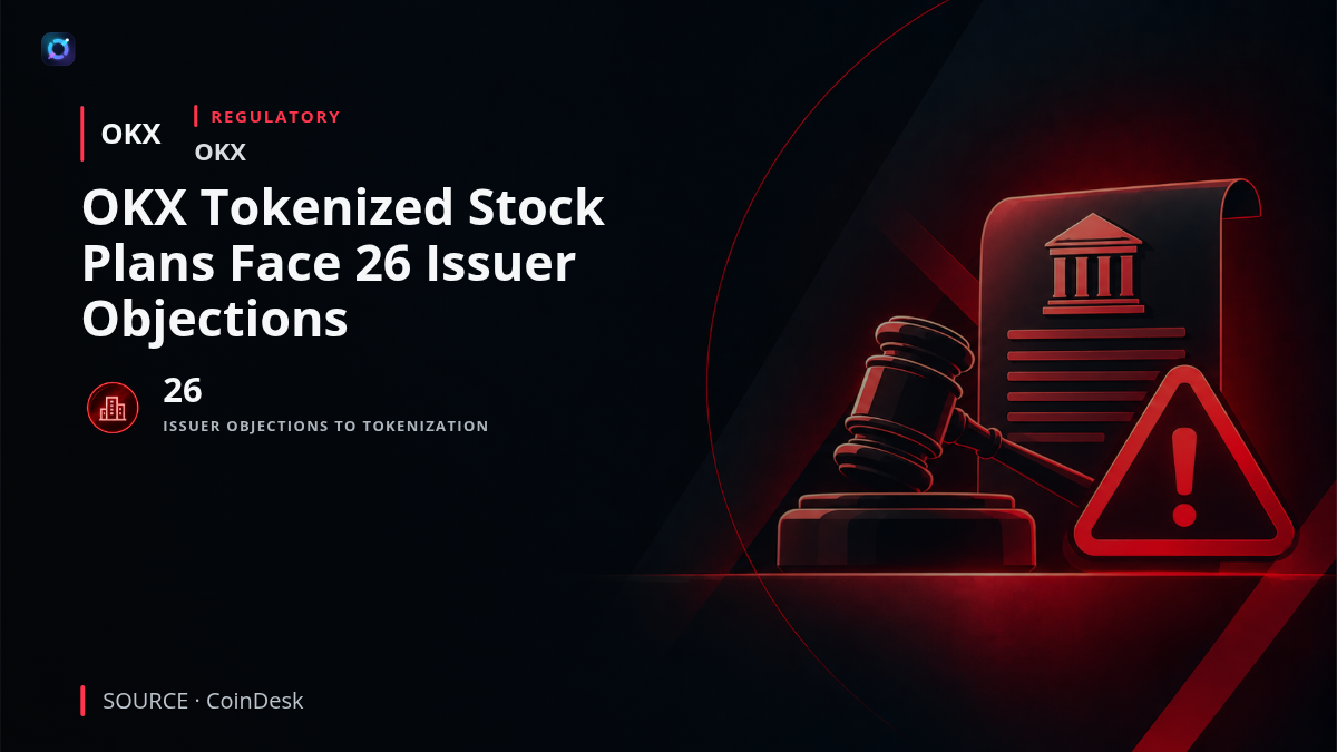 Investor alert graphic showing OKX branding alongside a tokenized equity certificate and the number 26, representing issuers that have objected to the proposed tokenized stock offering.