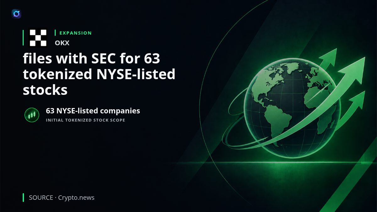 Illustration of a regulated stock-trading interface connected to blockchain infrastructure, representing OKX's SEC filing through the OKXICE joint venture for a U.S. tokenized-securities platform initially covering 63 NYSE-listed companies.