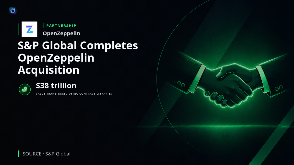 S&P Global and OpenZeppelin corporate logos presented together with a blockchain smart contract security illustration, representing the completed acquisition and expansion into digital asset risk assessment.