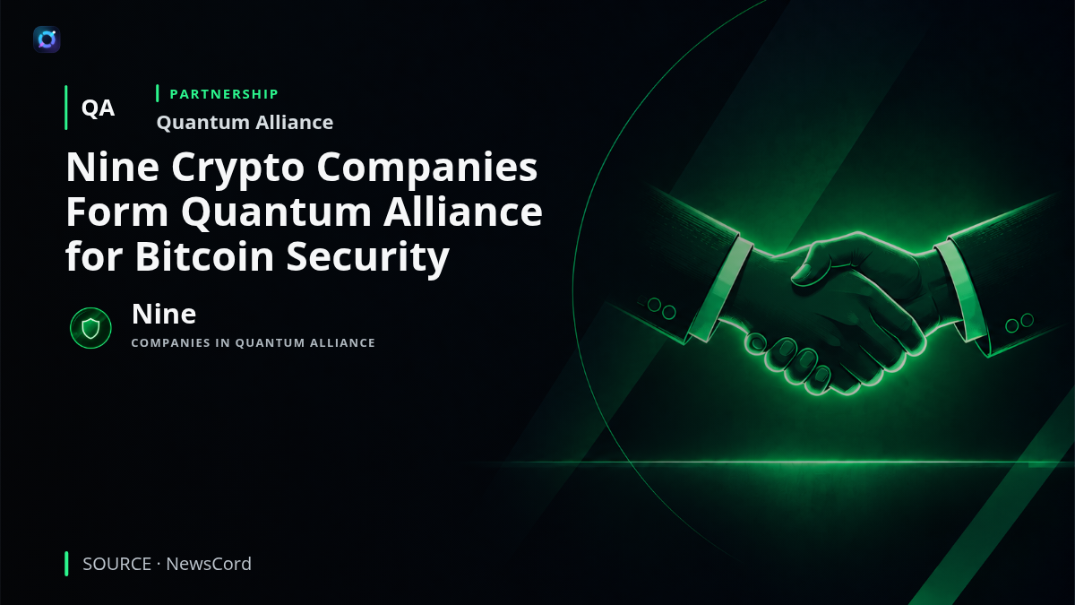 Conceptual image of nine crypto companies coordinating through the Quantum Alliance to prepare for potential quantum attacks on Bitcoin.