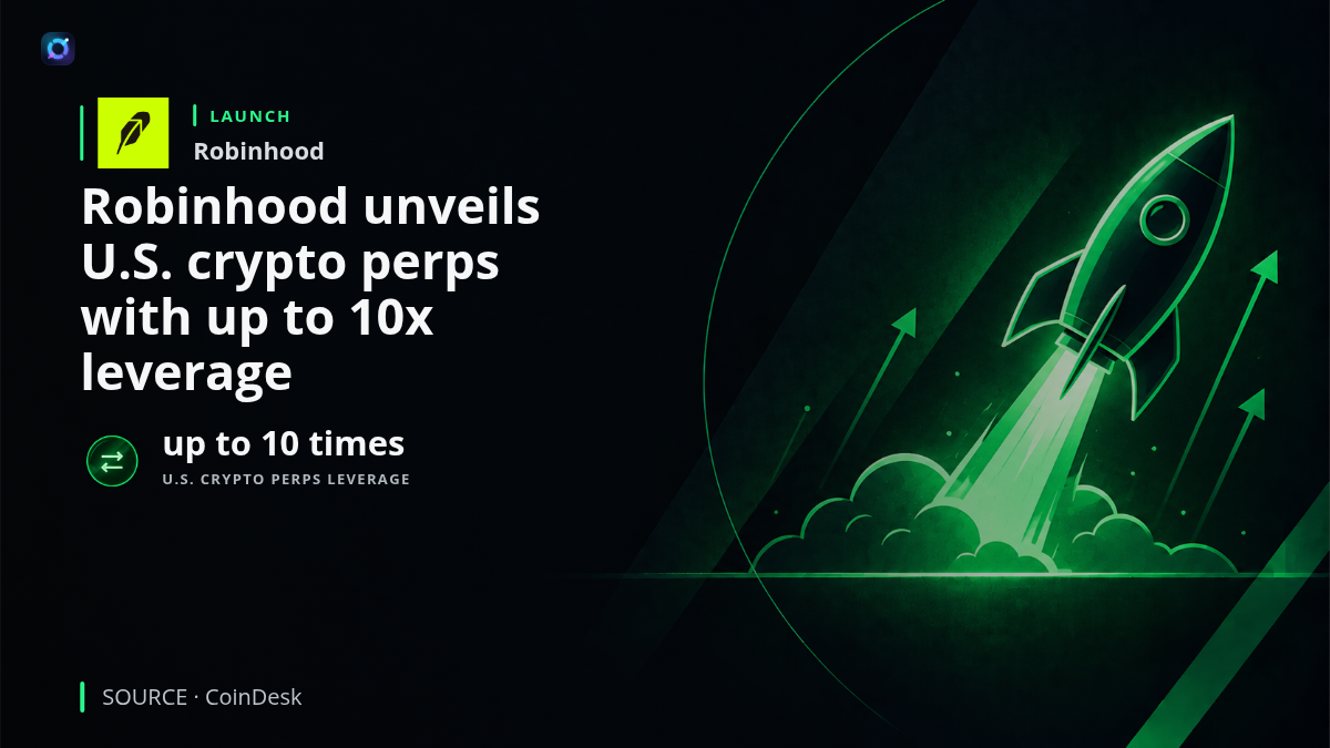 Illustration of Robinhood's trading platform with stock, crypto and AI symbols, highlighting newly announced U.S. crypto perpetual futures with up to 10 times leverage, weekend stock and ETF trading, and in-app AI agents.