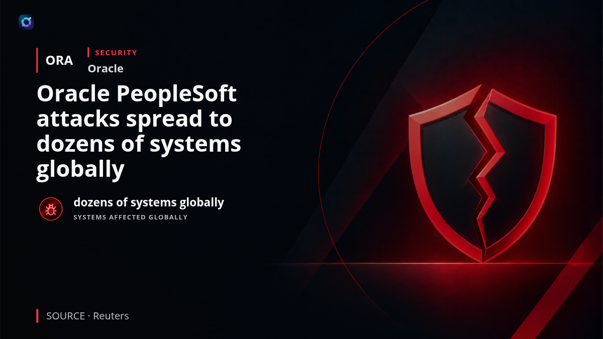 Investor-alert graphic showing Oracle PeopleSoft infrastructure under a cybersecurity warning, illustrating Google's disclosure that a renewed ShinyHunters exploitation campaign affected dozens of systems globally across several industries.